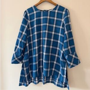 J. Jill Blue and White Plaid Lyocell/Tencel Blend Tunic Top Size Large